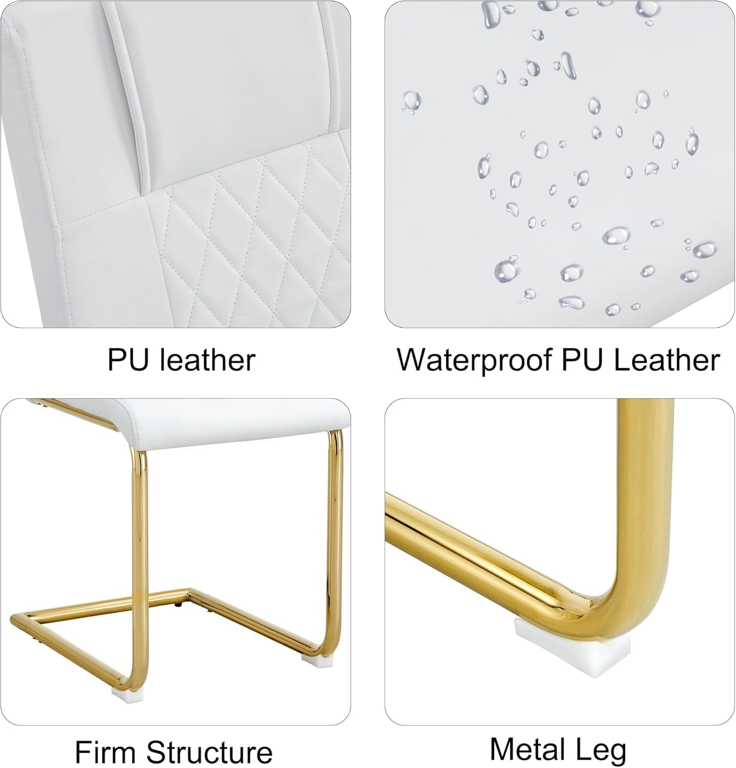 JUFU Set of 4 White Faux Leather Dining Chairs with Gold Metal Legs, Upholstered High Back Chairs for Dining Room Kitchen