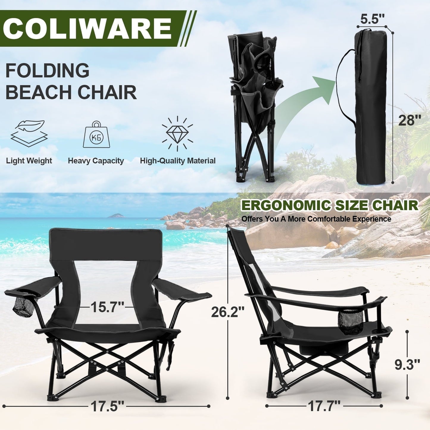 Joyfair Folding Backpack Beach Chair, Black Compact Lightweight Camping Chair with Carry Bag Cup Holder, Small Outdoor Reclining Low-Profile Travel Chair for Adult, Heavy-Duty