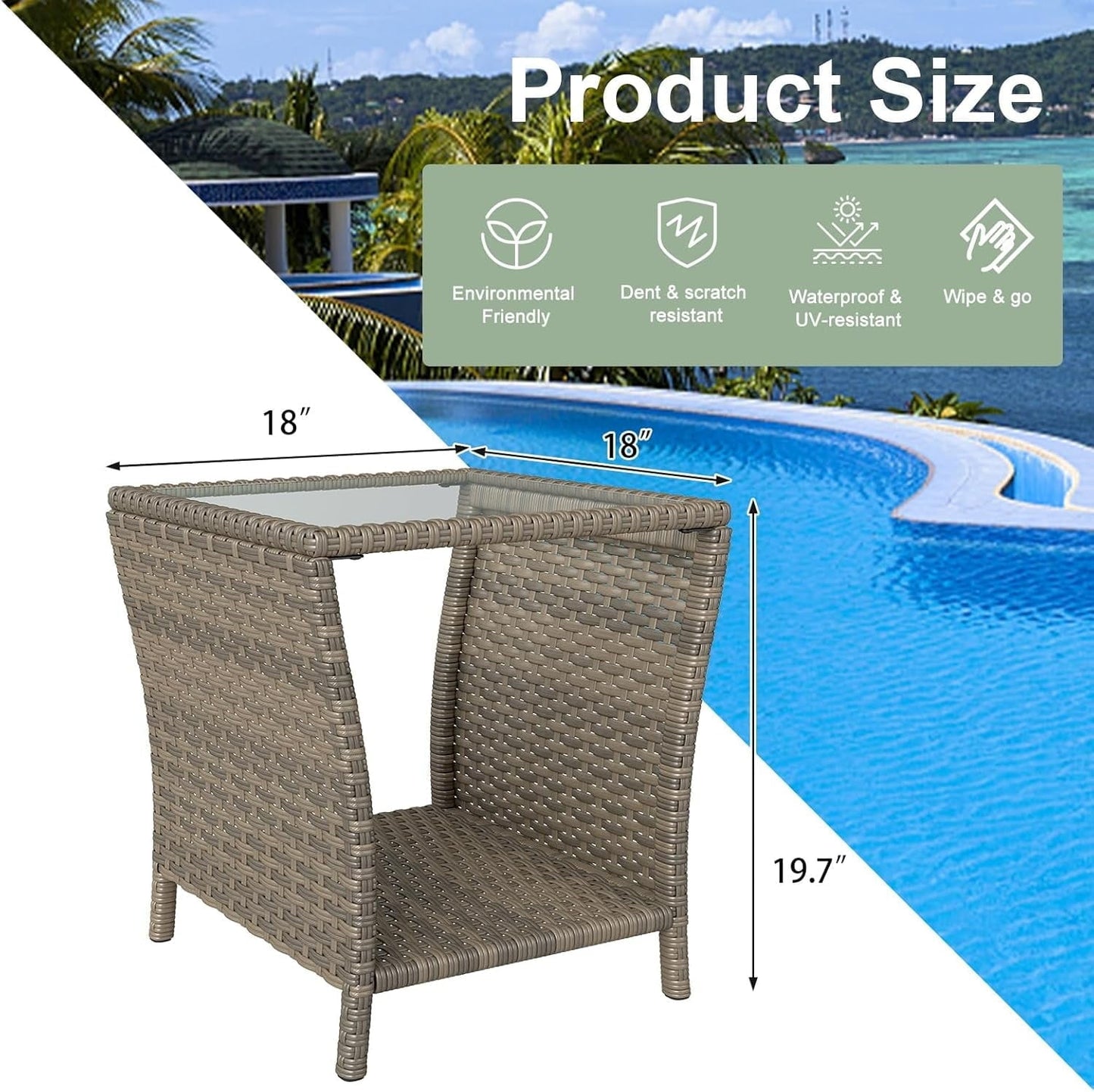 Kinbor Small Patio Table, Tempered Glass Top Outdoor Wicker Side Table with Storage Shelf, Durable PE Rattan & Iron Frame, Mixed Dark Brown