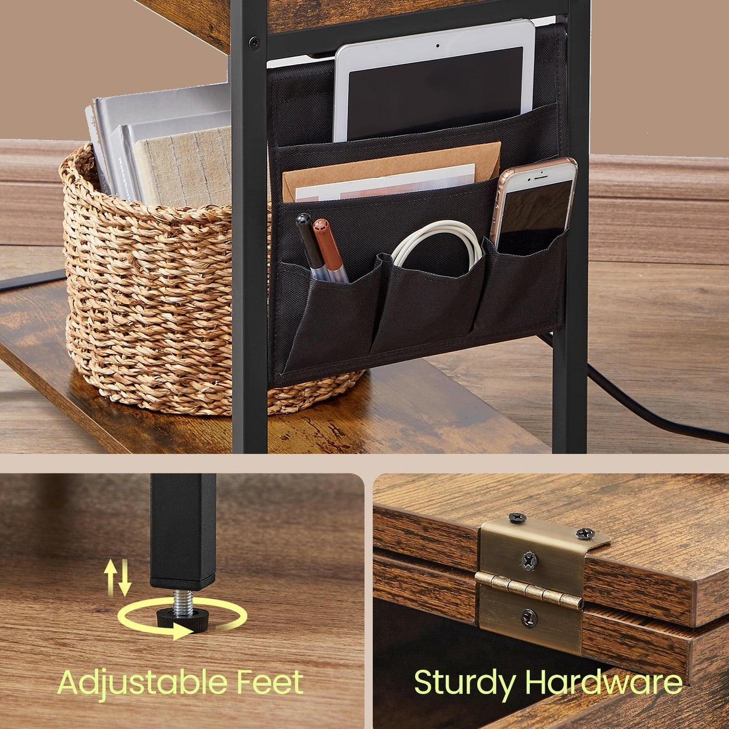 LEDREM 2pcs Side Tables with Storage, Nightstands End Tables for Small Spaces, Rustic Brown