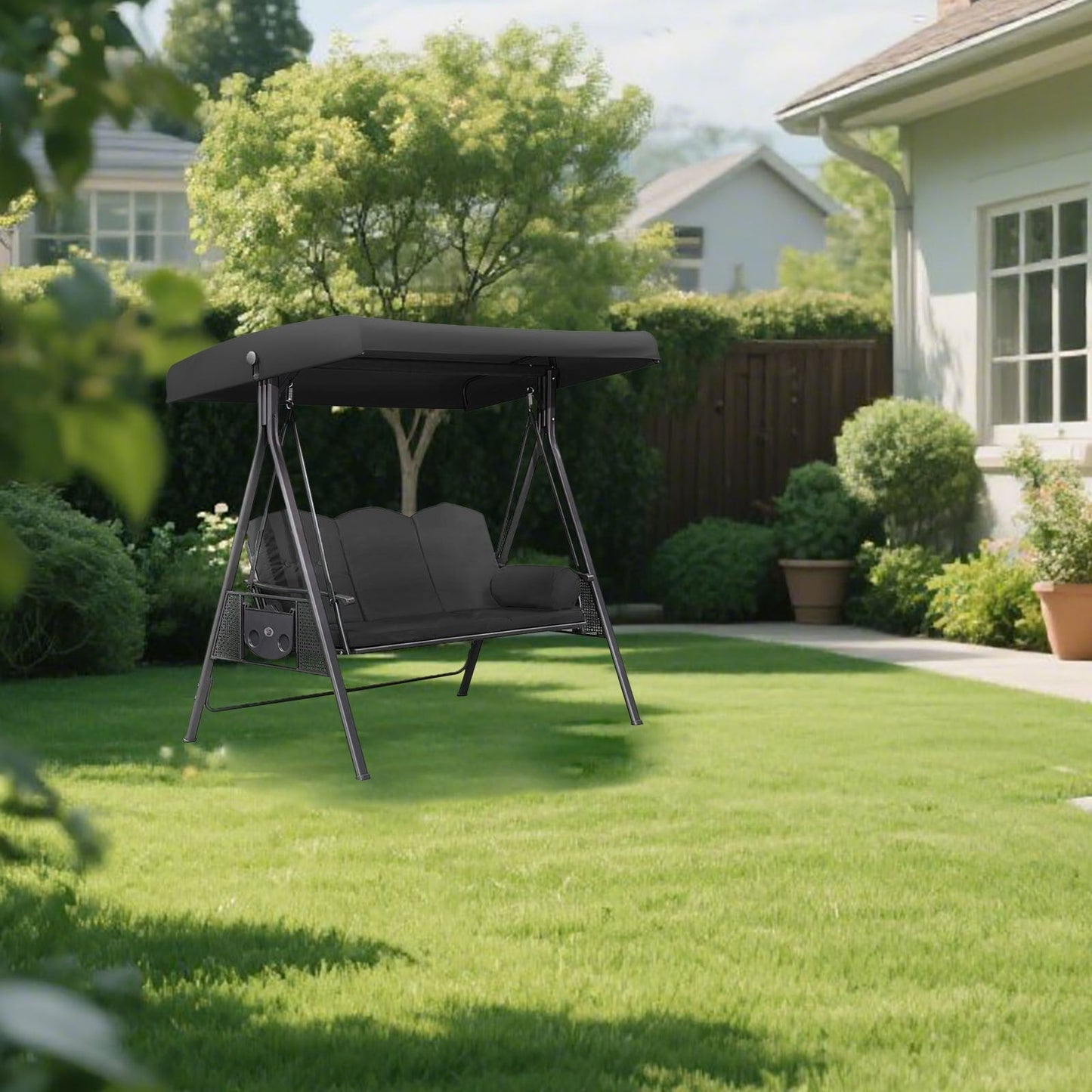 3-Seat Outdoor Patio Porch Swing with Adjustable Tilt Canopy, Cushions and Pillow Included (Excluding iron frame chairs)