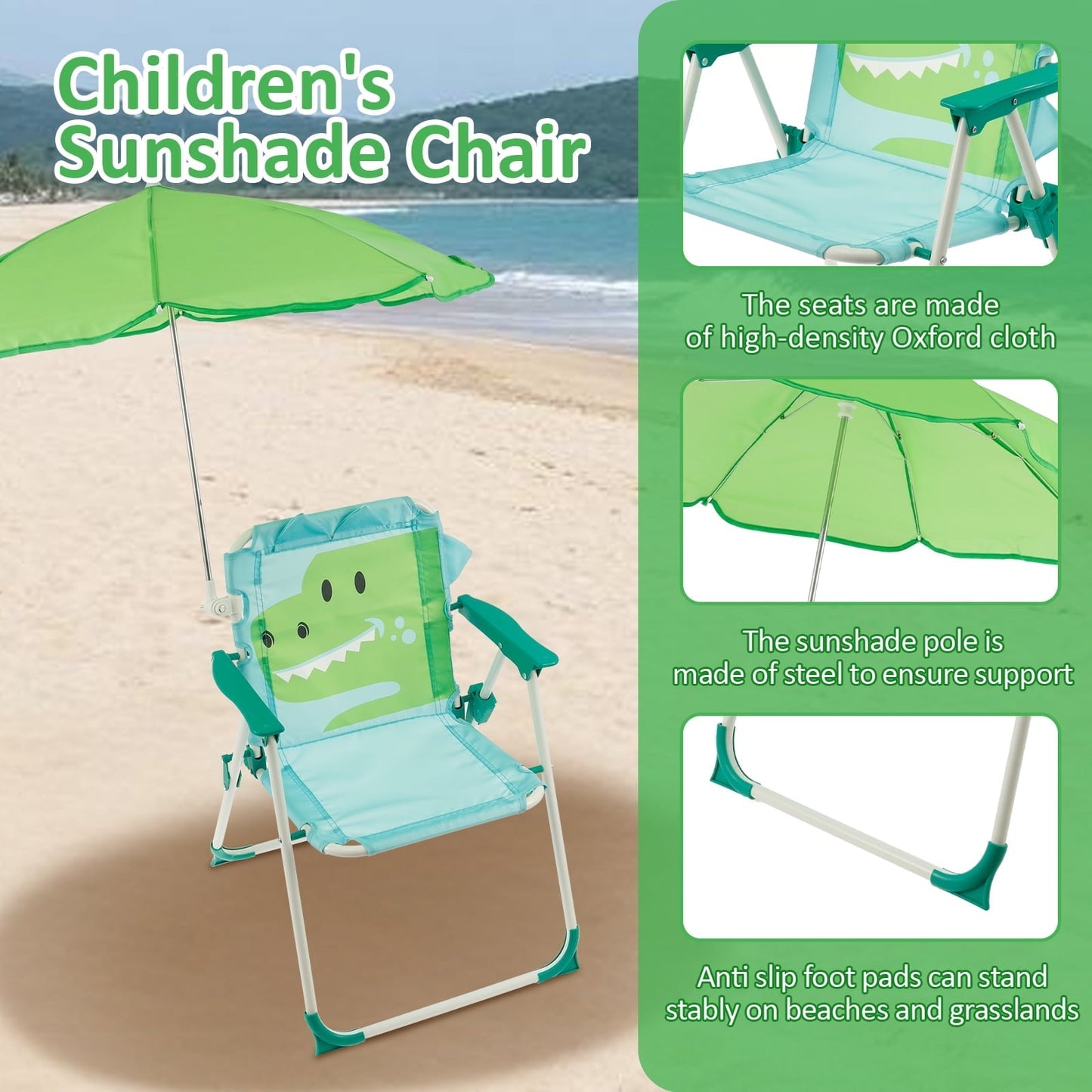 Grusce Kids Beach Chair with Sun Umbrella, Cute Animal Portable Folding Camping Chair, 40kg Capacity for Beach Outdoor Camping Picnic
