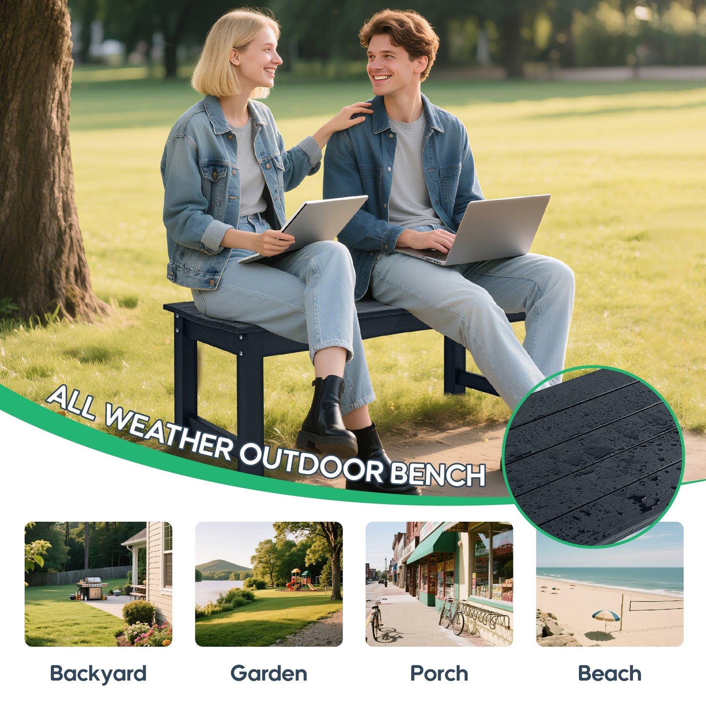 Bstjewey Outdoor 2-Person Patio Bench, Poly Lumber, Teak Wood Grain