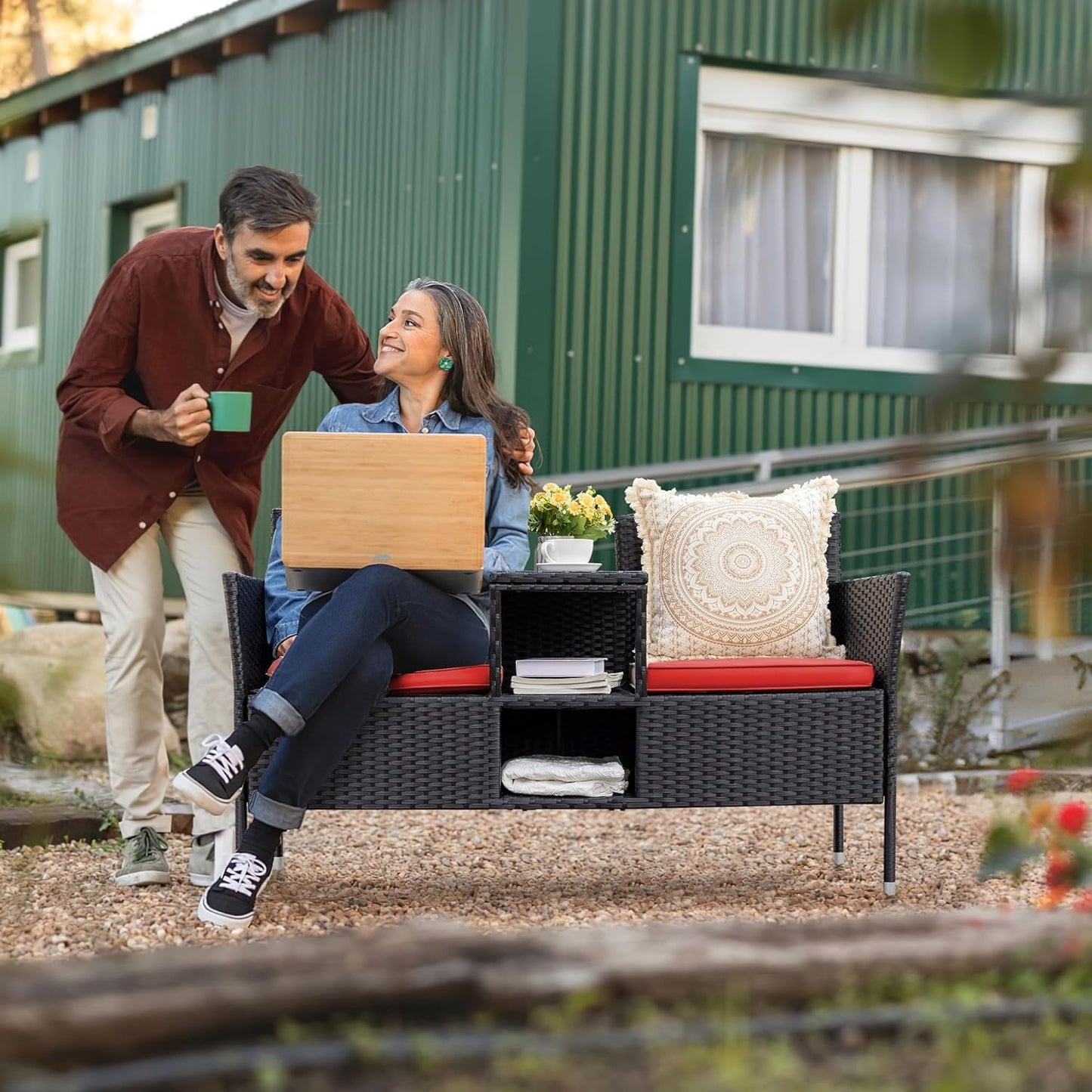 CRXX Outdoor Furniture Patio Loveseat Wicker 2-Seat with Built-in Table and Cushions Rattan Porch Chairs Bench for Balcony, Lawn, Backyard (Red)