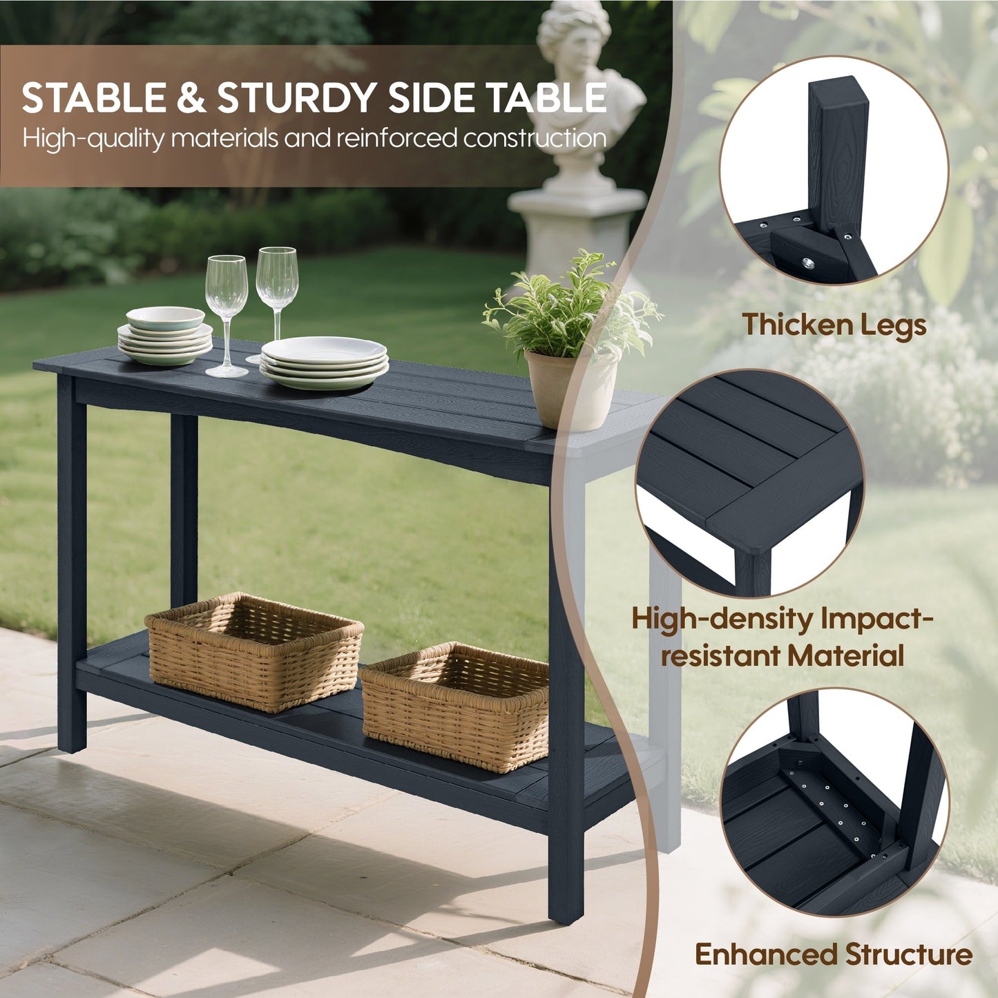 Bstjewey Outdoor 48" 2-Tier Console Table, Weatherproof HIPS, Black