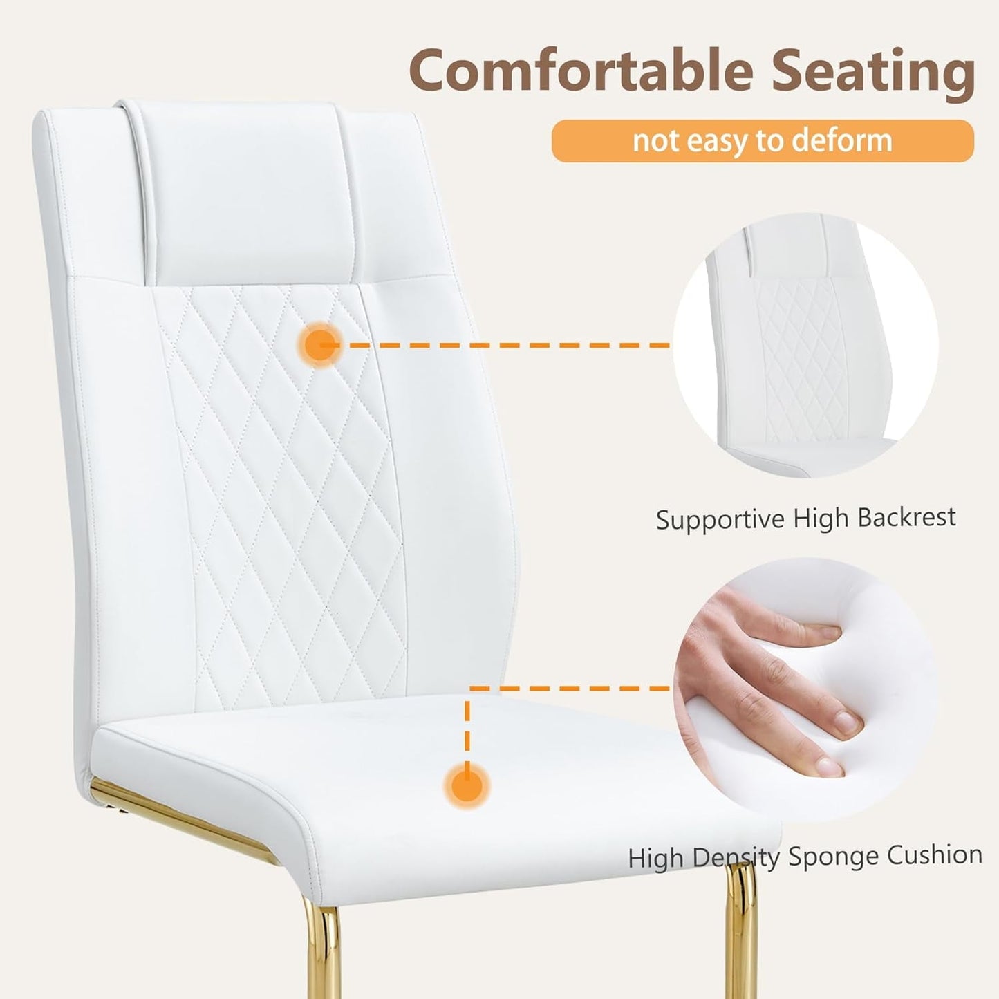 JUFU Set of 4 White Faux Leather Dining Chairs with Gold Metal Legs, Upholstered High Back Chairs for Dining Room Kitchen