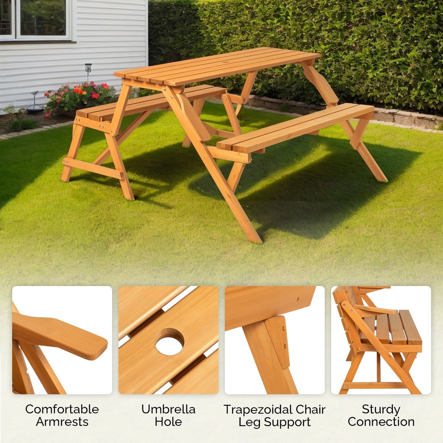 Ktaxon 2-in-1 Outdoor Interchangeable Wooden Picnic Table Set, Transforming Bench w/Umbrella Hole, Convertible Patio Bench for Backyard Porch Deck, Teak