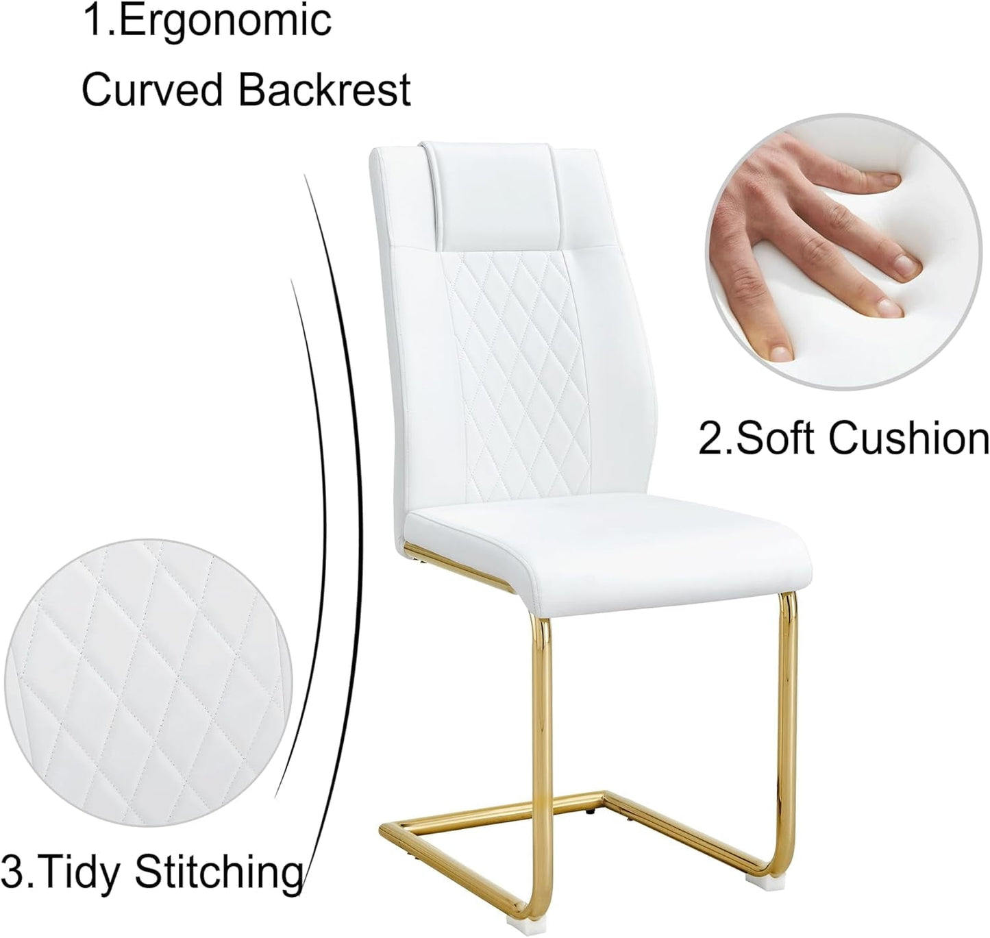 JUFU Set of 4 White Faux Leather Dining Chairs with Gold Metal Legs, Upholstered High Back Chairs for Dining Room Kitchen