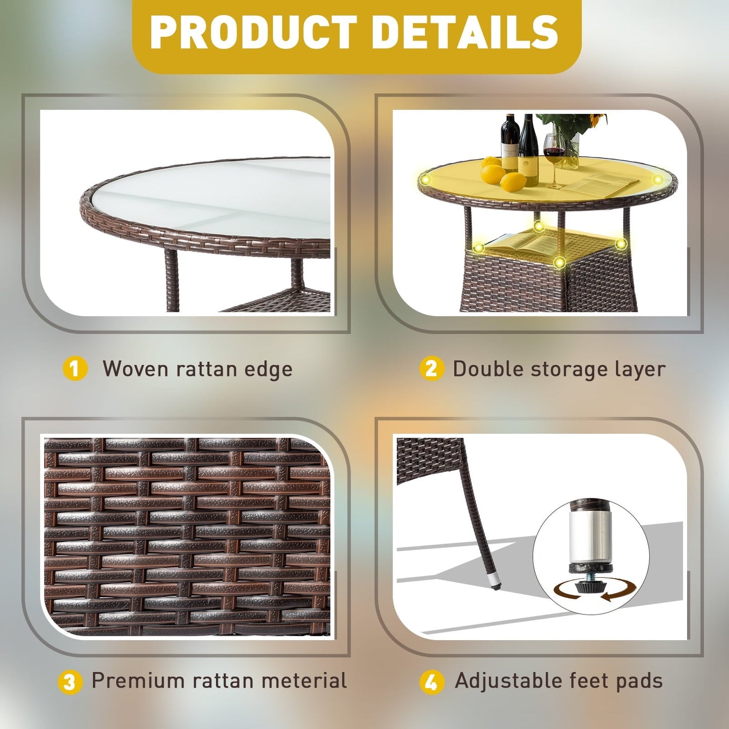 31.5" Patio Table for 4-Person, Outdoor Patio Wicker Round Dining Table, All-Weather Rattan Bistro Dining Table w/Glass Tabletop for Backyard Deck Porch Poolside, Brown