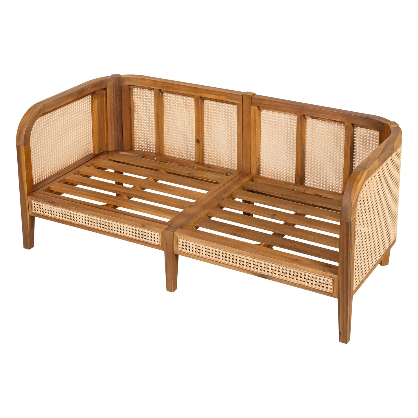 Christopher Knight Home Outdoor Wicker Sofa, Acacia Wood Frame with Cushions, Boho Patio Loveseat, Teak + Beige