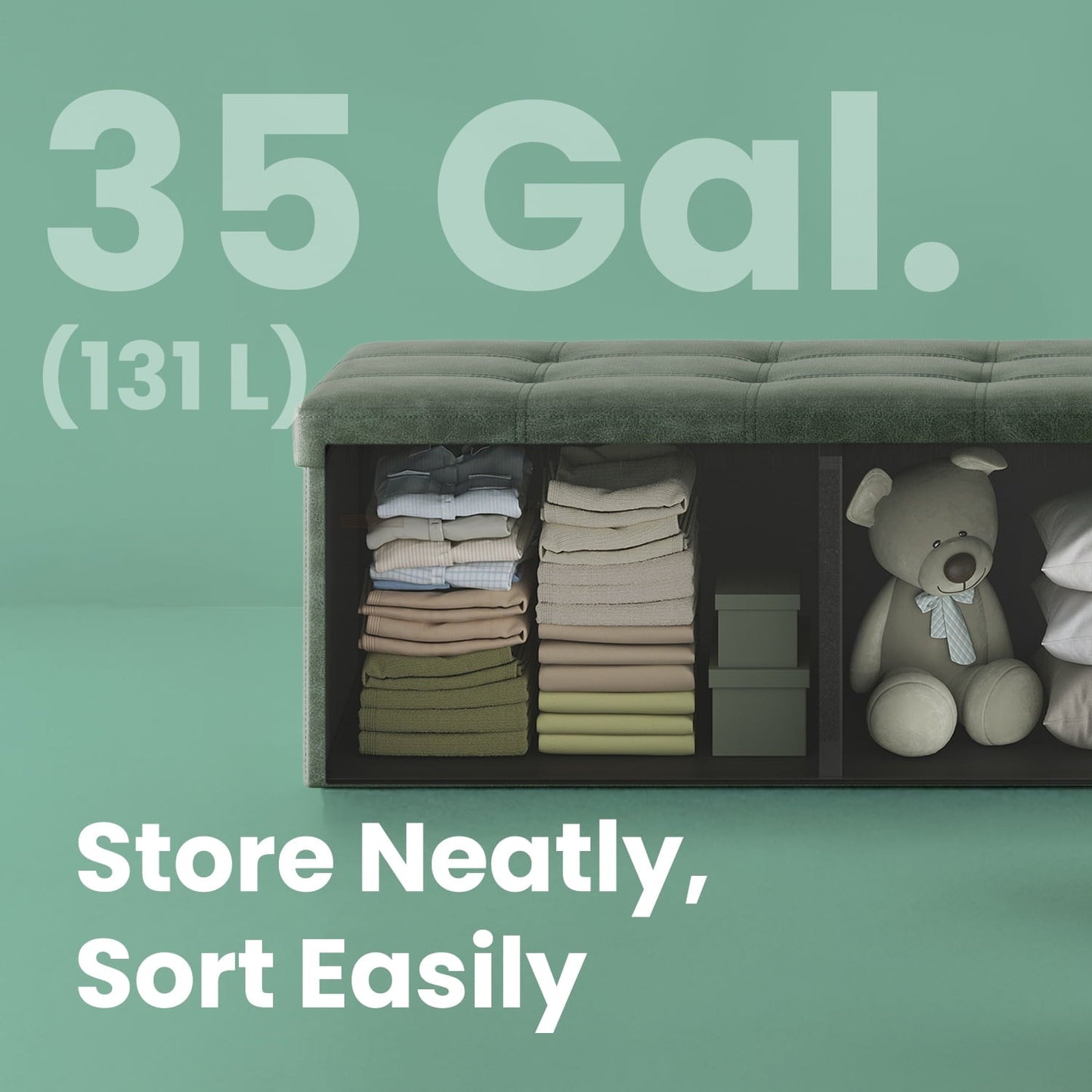 LEDREM 43" Foldable Storage Ottoman Bench, 660lb Capacity, Multifunctional Footrest Stool, Quick Assembly, Synthetic Leather, Forest Green