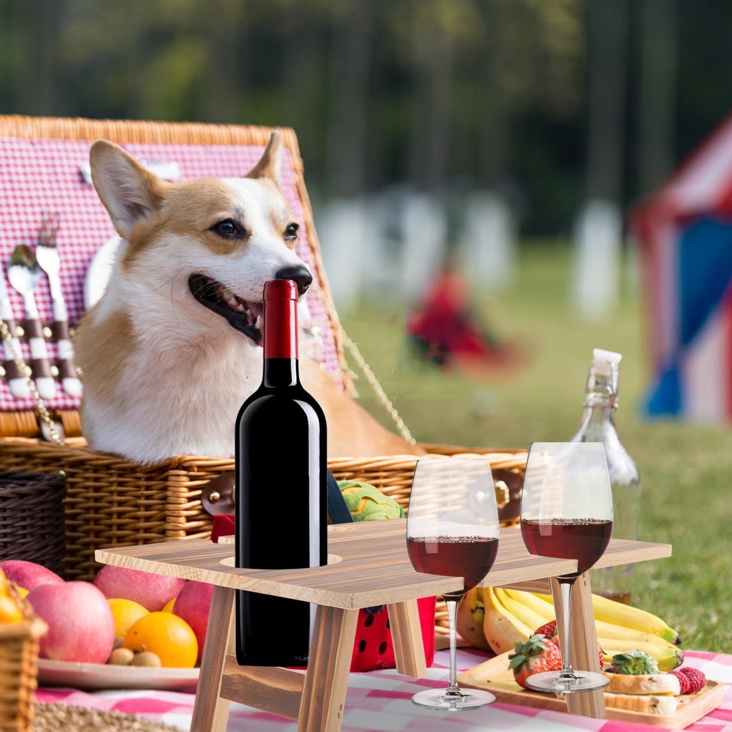 ADDHAT 1Pcs Coffee Wood Square Wine Table for Picnic with Folding Goblet Holder Portable Outdoor Use