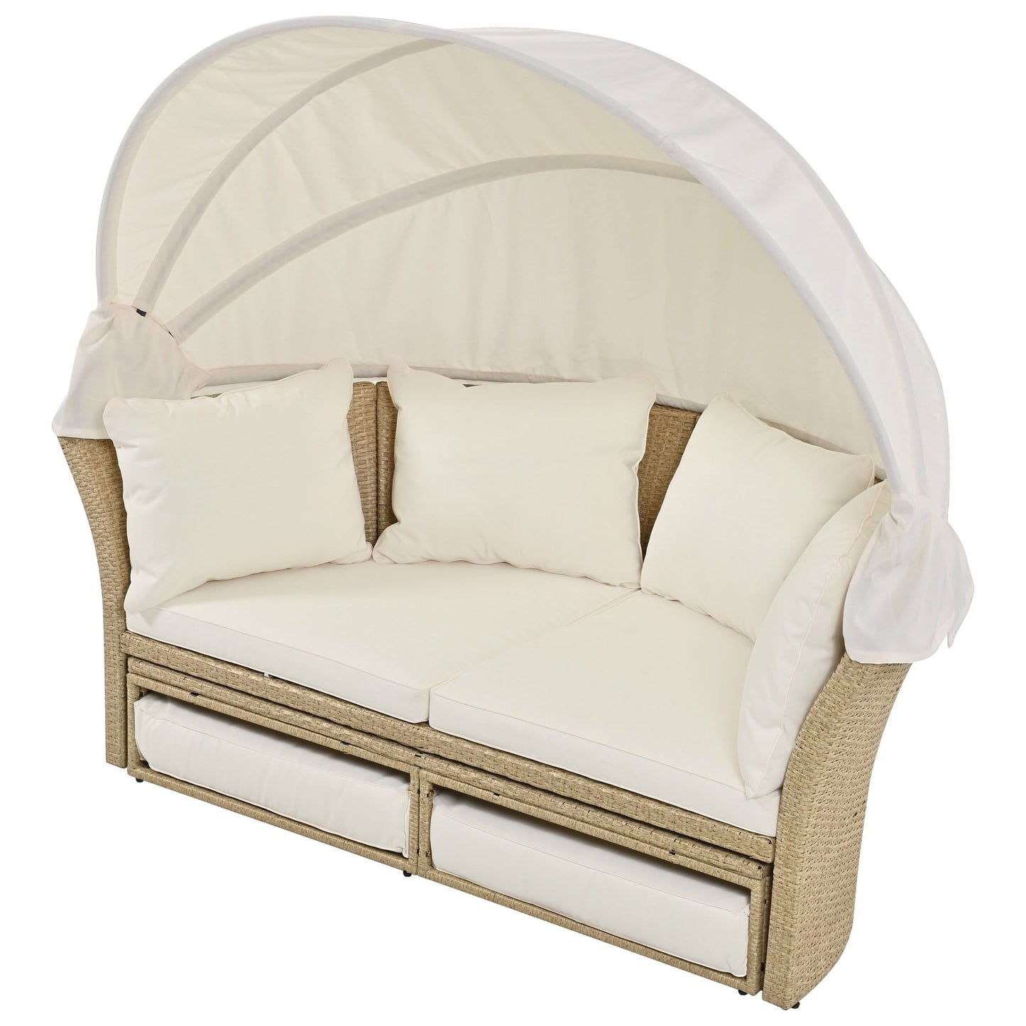 Convertible Outdoor Patio Daybed with Retractable Canopy and Cushions, Rattan Wicker Loveseat Sofa