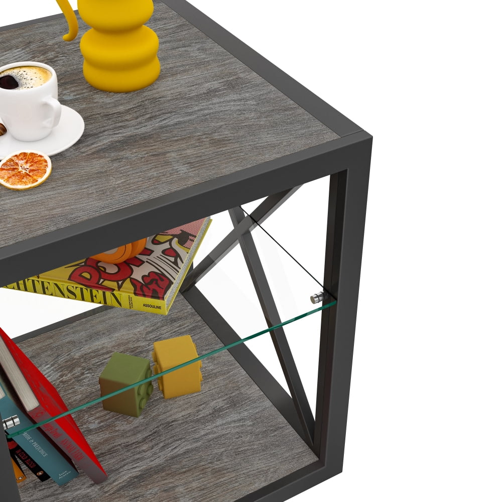 JHSLAJ 1 piece Modern End Table Nightstand for Bedroom & Living Room, Tempered Glass& Rustic Wood Grain MDF, Industrial Style Side Table