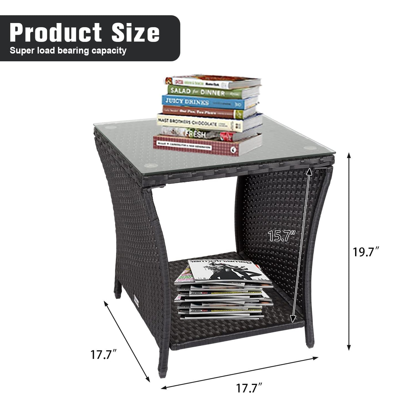 Kinsuite PE Rattan Patio Side Table - Outdoor Wicker End Table with Glass Top, Rattan Coffe Table in Iron Frame for Backyard Balcony Poolside, Black