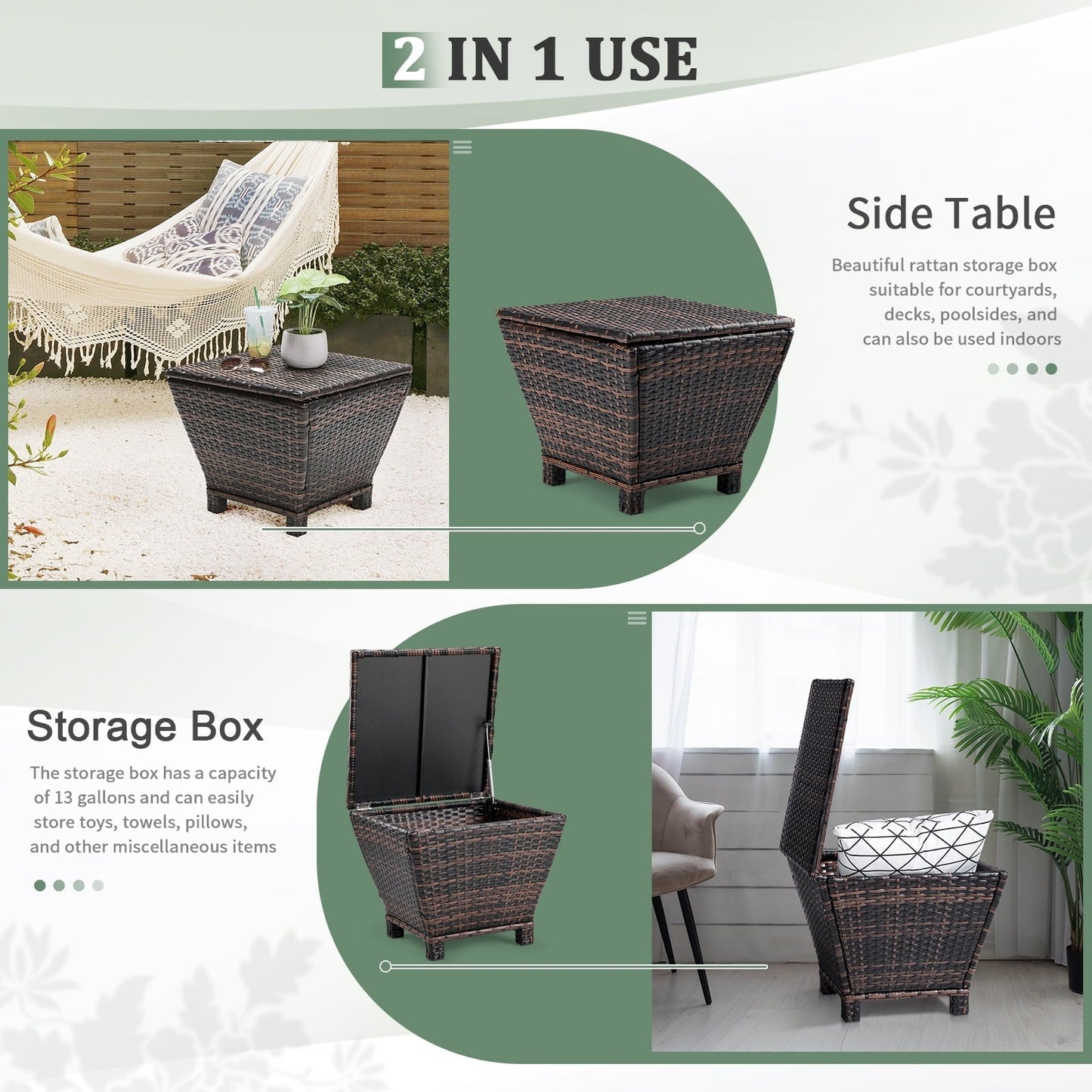 Buytoshop Outdoor PE Wicker Side Table with Storage, Small Patio Storage Bin Container for Hose Cushion Towel, Brown