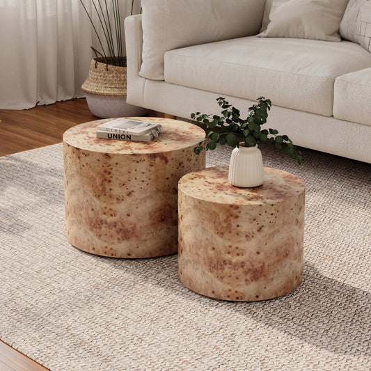 2-Piece Round Nesting Coffee Table Set - Modern Wood Drum Side Tables for Small Spaces, Living Room, Bedroom, Office - Natural Burl Finish