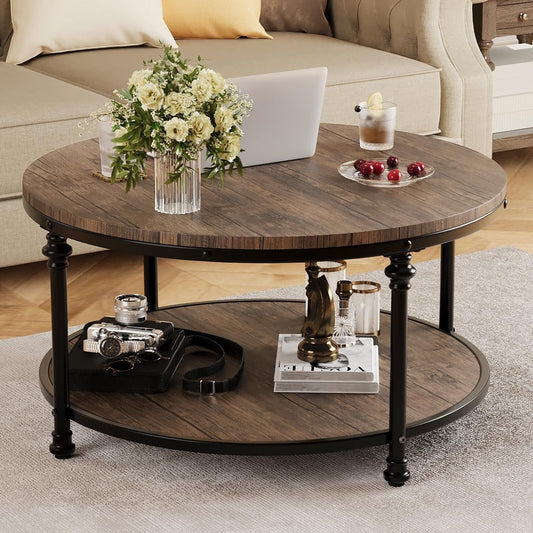 2-Tier Round Wood Coffee Table With Storage Shelf & Roman Column Metal Frame – Rustic Circle Center Table With Easy Assembly for Living Room, Reception Room ，30.5" x 30.5" x 18", Wood Grain Brown
