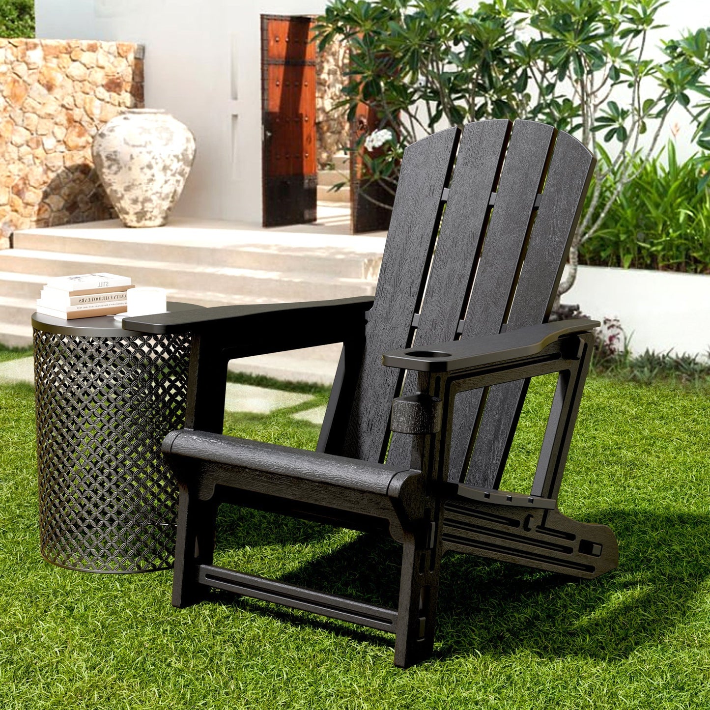 Chiccushion Adirondack Chair with Cup Holder, HDPE All-Weather Patio Chairs for Poolside, Backyard, Deck, Fire Pit, Black