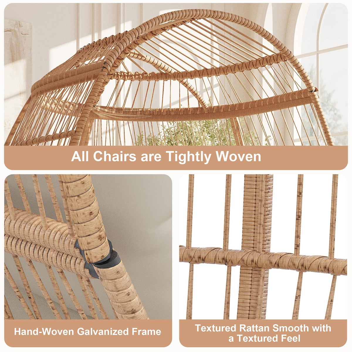 Danolapsi Wicker Egg Chair Outdoor, Oversized Egg-Shaped Chair with Metal Frame Stand, 500 Lbs Capacity Oversized Attan Egg Lounge Chairs for Patio, Backyard, Living Room