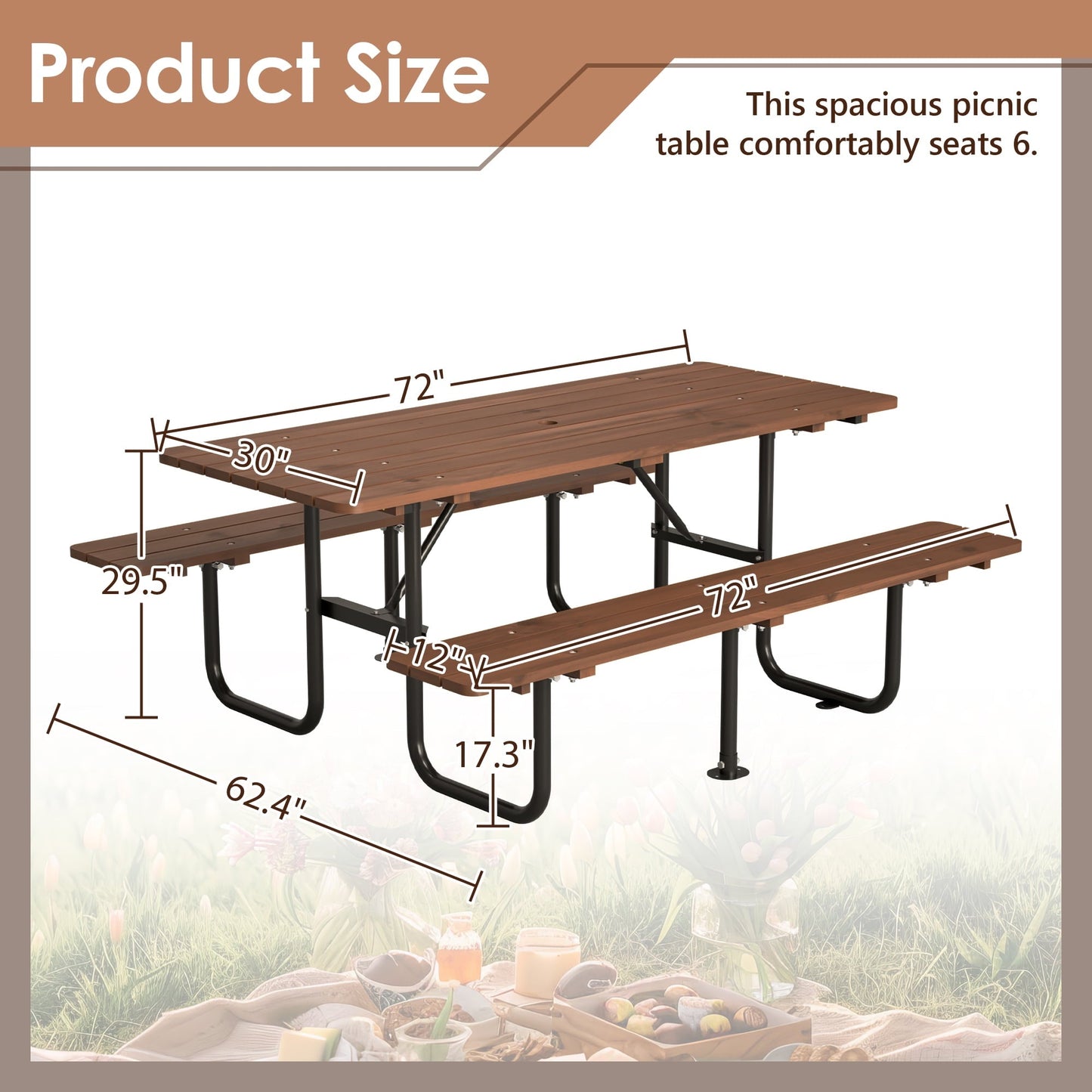 72" Wood Picnic Table w/Umbrella Hole for Outdoor, Rectangle Patio Dining Table and Bench Set, Heavy-Duty Picnic Beer Table Bench Set for Garden, Lawn & Backyard, Brown