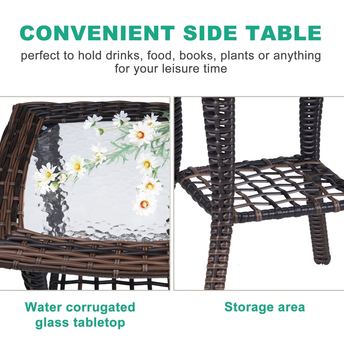 Buytoshop Outdoor Wicker Side Table, Rattan End Table with Glass Top, Patio Coffee Bistro Table for Garden Porch Balcony, Brown