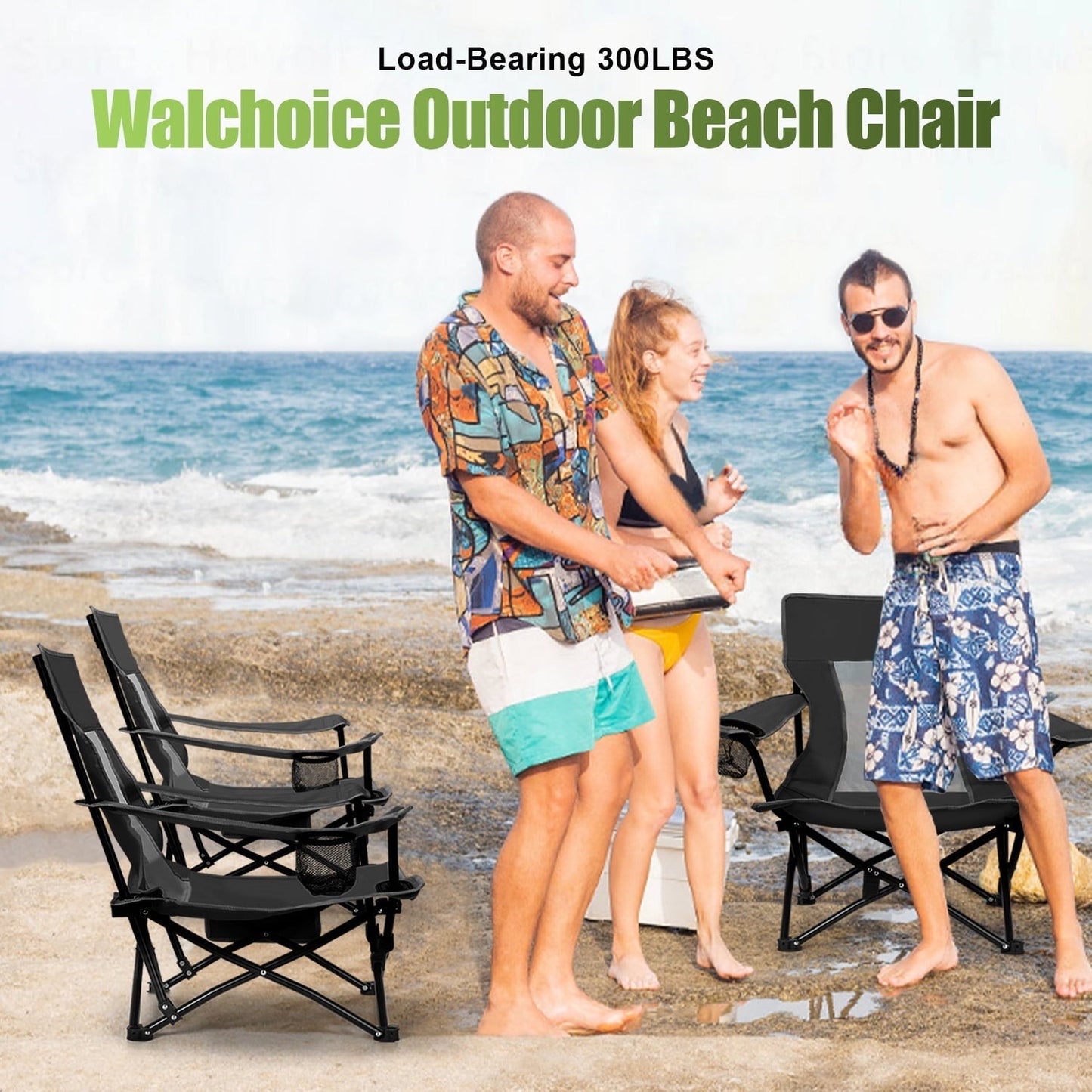 Hasteel Folding Beach Chair for Adults, Low Seat Camping Chair with High Back, Wide Seat Chair with Cup Holder & Carry Bag, Heavy Duty Portable Chair for Outdoor Picnic Travel (2 Pack of Black)