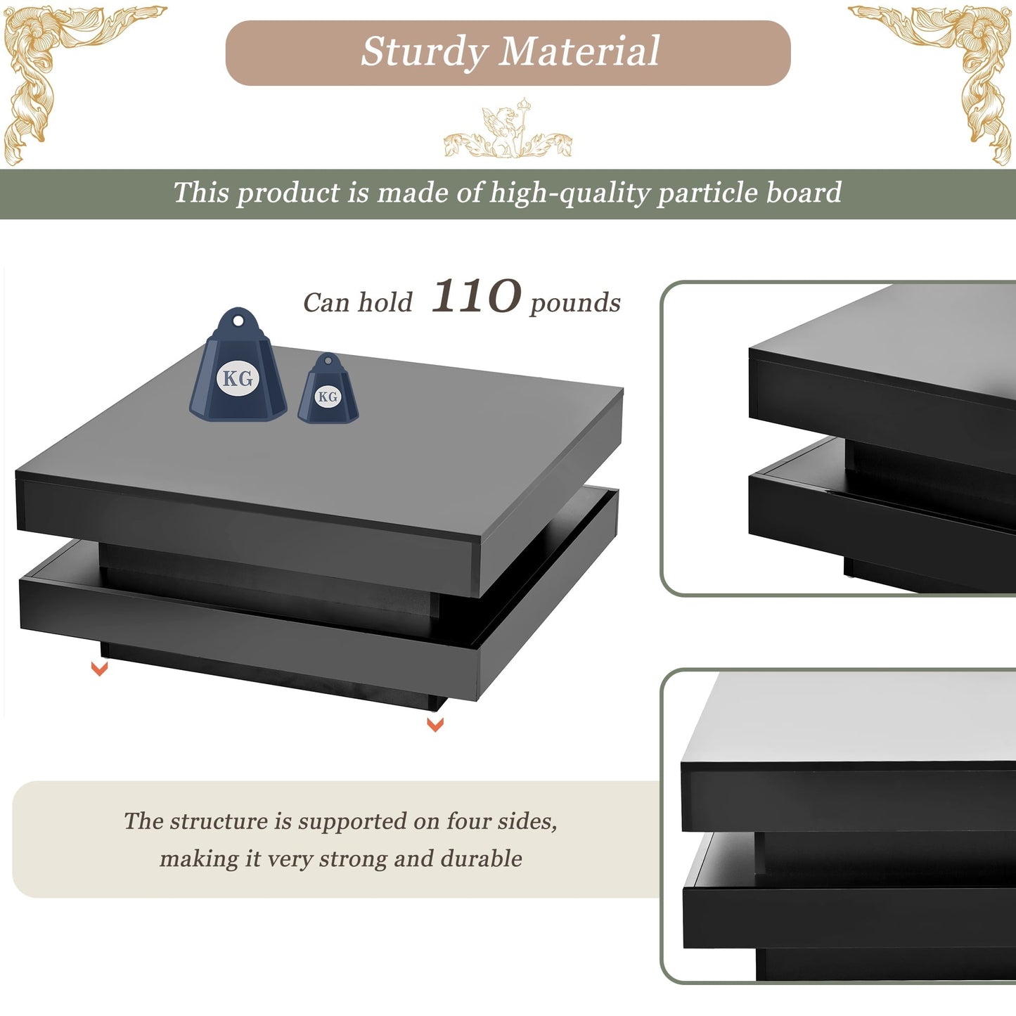 High Gloss Minimalist Design with LED Lights, 2-Tier Square Coffee Table, Center Table for Living Room