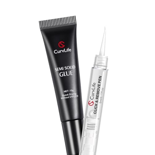 Curvlife 15g Semi Solid Nail Glue Gel with 5ml 3 in 1Nail Glue Remover, No Need for Uv Light, Gel for Press On Nails, Click&Remove Pen Design