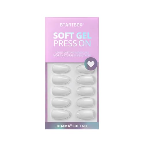 BTArtbox White Press On Nails Short - Soft Gel Press on Nails Almond, White Glue on Nails with Nail Glue, Reusable Stick on Nails in 16 Sizes, Cream Puff