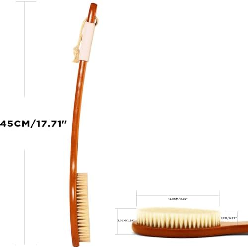 ICANdOIT-17.71Inch Natural Boar Bristles Anti-Slip Curved Long Handle Bath Brush,Bent Handle Shower Scrubber for Exfoliating,Shower Back Brush