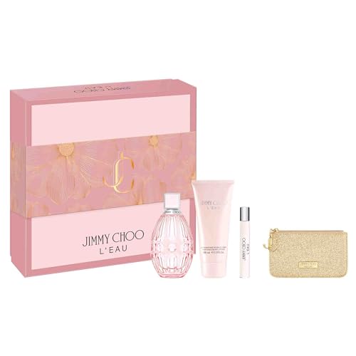 Jimmy Choo L'Eau Eau de Toilette 4 Piece Set - 3.3 & 0.25 fl. oz. Spray, 3.3 fl. oz. Body Lotion, Pouch - Long Lasting Fragrance with notes of Bergamot, Nectarine & Cedarwood - Fruity & Musky