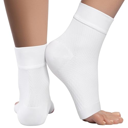 KEMFORD Ankle Compression Sleeve - Plantar Fasciitis Braces - Open Toe Compression Socks for Swelling, Sprain, Neuropathy, Arch Support for Men and Women - 20-30mmhg, S, White