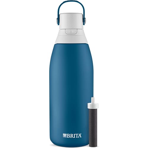 Brita Stainless Steel Premium Filtering Water Bottle, BPA-Free, Reusable, Insulated, Replaces 300 Plastic Water Bottles, Filter Lasts 2 Months or 40 Gallons, Includes 1 Filter, Marina - 32 oz.