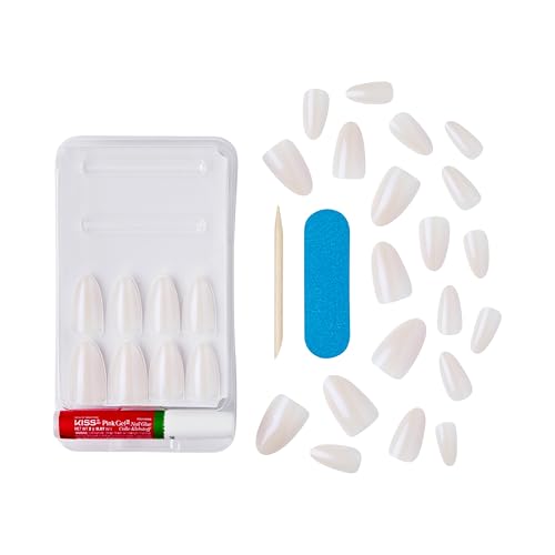 KISS Gel Fantasy Allure Press On Nails Almond Shape, 'Space', Pink, Medium Length, Ready to Wear, Pink Glue (2g), Cuticle Stick, & Mini File, 28 Count
