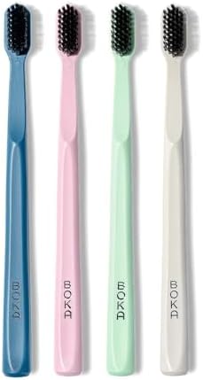 Boka Classic Manual Toothbrush with Extra Soft Activated-Charcoal, Tapered Bristles, Bioplastic Handle That Includes Travel Cap, Dentist-Approved, Great for Adults and Kids, Multi Color (Pack of 4)