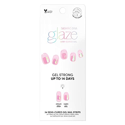 Dashing Diva Glaze Nail Strips - Pink Dew | Works with Any LED Nail Lamp | Long Lasting, Chip Resistant, Semicured Gel Nail Strips | Contains 34 Salon Quality Nail Wraps, 1 Prep Pad, 1 Nail File