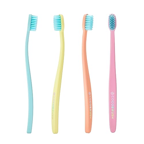 Cocofloss Cocobrush, Ultra-Soft Manual Toothbrush, Dentist-Designed, Gentle on Gums, Made from Recycled Plastic, Rainbow Set, Multipack of 4