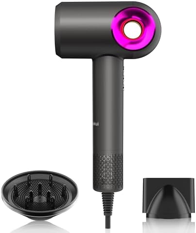 Hair Dryer, High-Speed Ionic Low Noise Blow Dryer with Diffuser for Fast Drying, Professional 504 Millions Negative Ionic Thermo-Control Hairdryer, Travel with Magnetic Diffuser & Nozzle