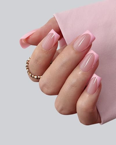 BTArtboxnails XCOATTIPS Pink French Tip Press On Nails - Short Press On Nails Square, Soft Gel Nail Tips, 160Pcs Soak Off Acrylic Pink Fake Nail Extension in 16 Sizes