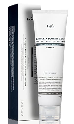 LA'DOR Keratin Power Glue Leave-In Conditioner Protein Hair Treatment Mask Heat Protectant Gloss Shine Snail Mucin Detangler Serum for Dry Damaged Curly Color Treated Bleached Hair 5.3 Oz LADOR Korean