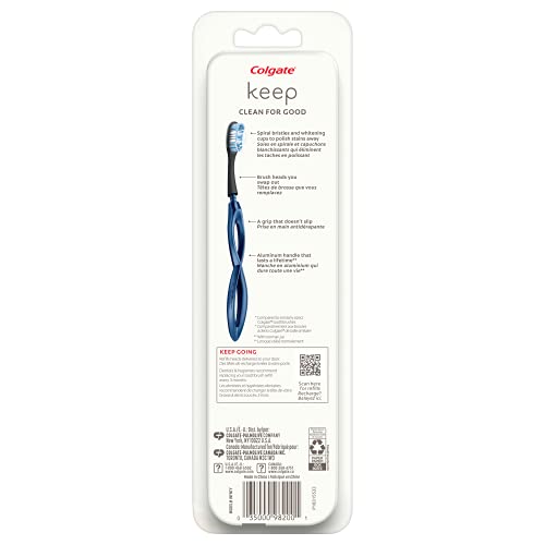 Colgate Keep Soft Manual Toothbrush for Adults with 2 Whitening Brush Heads, Navy