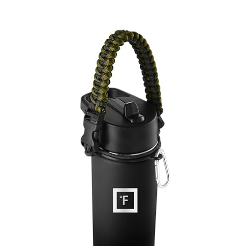 IRON °FLASK Paracord Handle - Fits Wide Mouth Water Bottles - Durable Carrier, Secure Accessories, Survival Strap Cord, Safety Ring, and Carabiner - Seven Core Paracord Bracelet