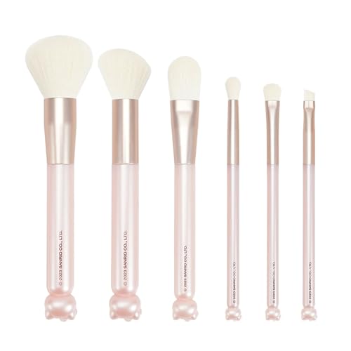 Impressions Vanity 6 PCs Makeup Brush set with Hello Kitty Kawaii Icon and Aluminum Ferrule, Super Soft Makeup Brushes for Foundation, Face Powder, Blending, Defined Shadow, Eye Shadow (Pink)