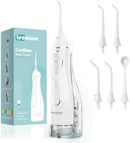 Leominor Water Dental Flosser Pick for Teeth, 300ML Portable Oral Irrigator Upgraded Tank Removable,IPX7 Waterproof, Rechargeable Travel Teeth Cleaner, Professional Electric Flossing (White)
