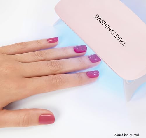 Dashing Diva Glaze Nail Starter Kit - Magenta Madness - Long Lasting, Chip Resistant, Semi-Cured Gel Nail Strips - 7-Piece Manicure Set with 32 Strips and Mini LED Lamp