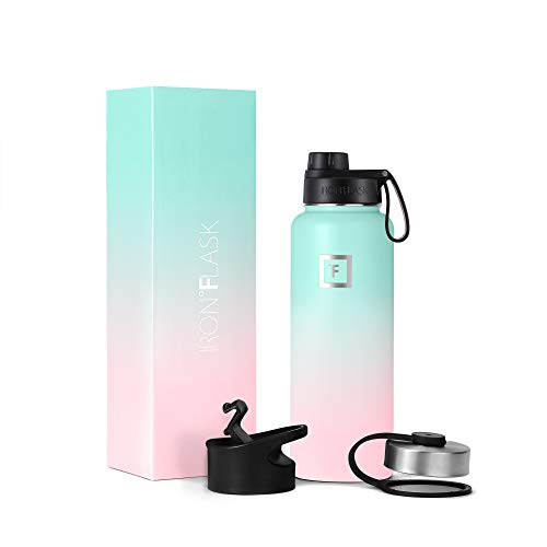 IRON °FLASK Camping & Hiking Hydration Flask, Wide Mouth, 3 Spout Lids, Stainless Steel Outdoor Water Bottle, Double Walled, Insulated Thermos, Metal Canteen - Bubble Gum, 40 Oz