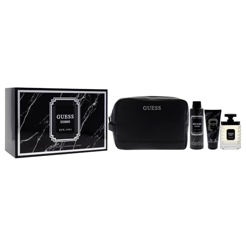 Guess Uomo for Men - 4 Pc Gift Set 3.4oz EDT Spray, 6oz Deodorizing Body Spray, 3.4oz Shower Gel, Pouch