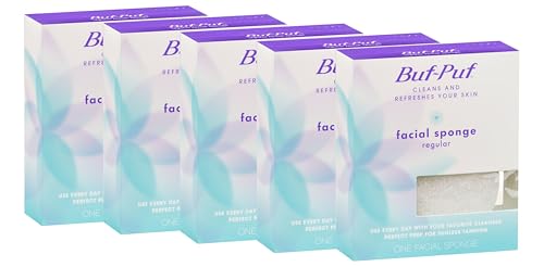 Buf-Puf Facial Sponge, Dermatologist Developed, Removes Deep Down Dirt & Makeup That Causes Breakouts and Blackheads, Reusable, Exfoliating, White, 5 Count