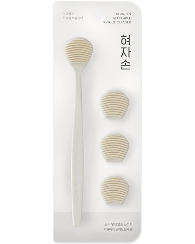 DEARCUS Korean Tongue Scraper with 3 Replaceable Heads - 100% BPA Free TPE Tongue Cleaner - Reduce Bad Breath & Without Hurt - Hygienic Scraper - Modern & Simple Design (White)